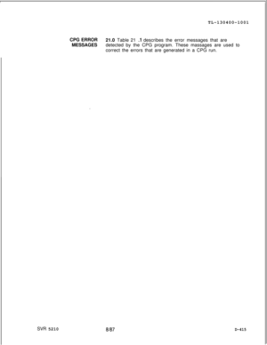 Page 411SVR 5210TL-130400-1001
CPG ERROR
MESSAGES21.0 Table 21 .l describes the error messages that are
detected by the CPG program. These massages are used to
correct the errors that are generated in a CPG run.
.  
.
8187D-415 