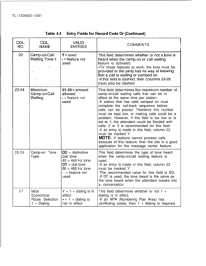 Page 52TL-130400-1001Table 4.4Entry Fields for Record Code OF (Continued)COMMENTS
feature is activated.
-For these features to work,the tonemust be
camp-on/call waiting calls that can be in
- = featurenoteffect at the same time per station.
-A station that has calls camped on must
complete the call-back sequence before
calls can be placed. Therefore this number
must be kept low, or making calls could be a
problem. However, if this field is too low or is
set at 
1, the attendant could be flooded with
calls; 2 or...