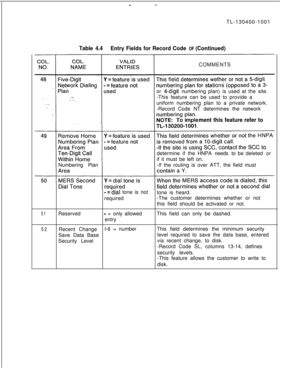 Page 55--TL-130400-1001
Table 4.4Entry Fields for Record Code OF (Continued)COMMENTS
or 
4-digit numberingplan)is used at thesite.
-This feature can be used to provide a
uniform numbering plan to a private network.
-Record Code NT determines the network
ment this feature refer toNumbering Plandetermine if theHNPA needs tobedeletedor
if it must be left on.
-If the routing is over ATT, the field must
-=dial tone is not
tone is heard.
required-The customer determines whether or not
this field should be activated...