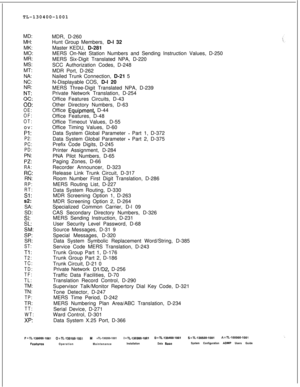 Page 548TL-130400-1001
MD:
MH:
MK:
MO:
MR:
MS:
MT:
NA:
NC:
NR:g.
OD;
OE:
OF:
OT:ov:
Pl:
P2:
PC:
PD:PN:
PZ:
RA:
F-c:RN:
RP:
RT:
Sl:s2:
SA:
SD:
SI:
SL:
$’SR:
ST:
Tl:
T2:
TC:
TD:
TF:
TL:TM:
TN:
TP:TR:
TT:
WT:
XP:MDR, D-260
Hunt Group Members, D-l 32
Master KEDU, D-281
MERS On-Net Station Numbers and Sending Instruction Values, D-250
MERS Six-Digit Translated NPA, D-220
SCC Authorization Codes, D-248
MDR Port, D-262
Nailed Trunk Connection, D-21 5
N-Displayable COS, D-l 20
MERS Three-Digit Translated NPA, D-239...