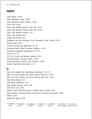 Page 552TL-130400-1001
Code Range, D-254
Code Restriction Table, D-205
Code Restriction Table Number, D-190
Code Type, D-287
Code Type Identifier-(Record Code OD), D-64-..Code Type Identifier (Record Code RN), D-287
Code Type identifier Number, D-81
Code Type Number,.D-81
‘-Coding Conventions, D-21
Combined Line and Recording Trunk Hookswitch Flash Timing, D-275
Conflict Code, D-221
Console Auxiliary Key Application, D-l 73
Controlling Data Control Processor Software, D-l 52
Controlling Integrated Featurephone,...