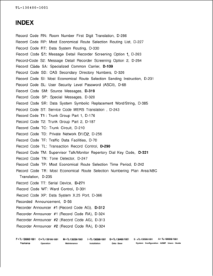 Page 564TL-130400-1001
Record Code RN: Room Number First Digit Translation, D-286
Record Code RP: Most Economical Route Selection Routing List, D-227
Record Code RT: Data System Routing, D-330
Record Code Sl: Message Detail Recorder Screening Option 1, D-263
Record-Code S2: Message Detail Recorder Screening Option 2, D-264
Record 
Code SA: Specialized Common Carrier, D-109
Record Code SD: CAS Secondary Directory Numbers, D-326
Record Code SI: Most Economical Route Selection Sending Instruction, D-231
Record Code...