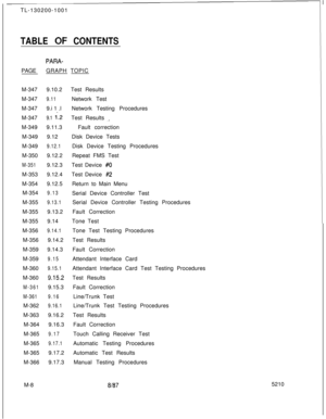 Page 580TL-130200-1001TABLE OF CONTENTS
PARA-PAGEGRAPH TOPIC
M-3479.10.2
M-347
9.11M-3479.i 1 .l
M-347
9.1 l-.2M-3499.11.3
M-3499.12
M-349
9.12.1M-3509.12.2
M-3519.12.3
M-3539.12.4
M-3549.12.5
M-354
9.13M-355
9.13.1M-3559.13.2
M-3559.14
M-356
9.14.1M-3569.14.2
M-3599.14.3
M-359
9.15M-360
9.15.1M-360
9.15.2
M-3619.15.3
M-3619.16M-362
9.16.1M-3639.16.2
M-3649.16.3
M-365
9.17M-365
9.17.1M-3659.17.2
M-3669.17.3
M-8Test Results
__Network Test
Network Testing Procedures
Test Results 
._Fault correction
Disk Device...