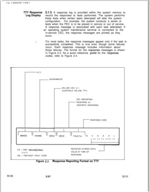 Page 610TTY Response
Log Display2.1.3 A response log is provided within the system memory to
record the responses to tests performed. The system performs
these tests when certain tasks attempted will alter the system
configuration.For example, the system conducts a series of
tests when the PEC is to be placed in service or out of service.
A response message is associated with each task attempted. If
an operating system maintenance terminal is connected to the
in-service CEC, the response messages are printed as...