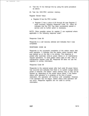 Page 614(4)Test the 10 ms interrupt line by using the same procedure
as above.
(5) Test the CEC-PEC common memory.
Register Stored Value
l Register B has the PEC number.
l Register C has a value of 00 through 06 (see Register C
value summary following Response Code 13). Value 00
indicates that the PEC has been successfully placed in
service and no further action is necessary.
NOTE: Other possible values for register C are explained where
applicable in the following response code?.
Response Code 06
Responds to a...