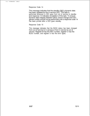 Page 616Response Code 14This message indicates that the standby 
CEC’s dynamic data
has been updated by the in-service CEC. This task is
performed whenever a CEC goes from out of service to standbyand response 14 indicates completion of this task. To ensure
dynamic data integrity between 
CECs, recent change and CEC
generic writes should not be performed until a response code 14
has been printed after a CEC goes standby.
Response Code 15
This message indicates that the BLDU status has been changedfrom out of...