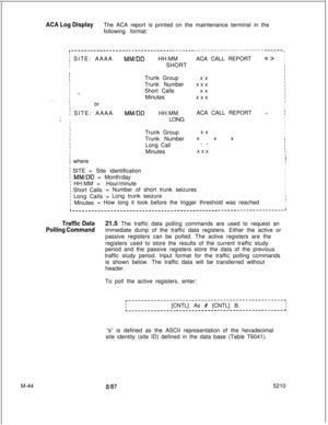 Page 618ACA Log DisplayThe ACA report is printed on the maintenance terminal in the
following format:
/ SITE: AAAAMM/DDHH:MMI
ISHORT
IIITrunk GroupI
ITrunk Number
I
IShort Calls..-
IMinutes
. . .tIor
i SITE: AAAAMM/DDHH:MM
ILONGIII
ITrunk Group
fTrunk Number
ILong CallI
IMinutesACA CALL REPORT
xx
xxx
xx
xxx
ACA CALL REPORT
xx
xxx
--
xxx
II whereI
I SITE= Site identification
] MM/DD = Month/day
! HH:MM= Hour/minute
I Short Calls= Number of short trunk seizures
! Long Calls =1 MinutesLong trunk seizure
I= How long...