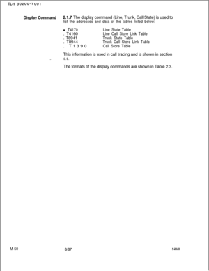 Page 624TL-1 3Uzuu-I UUI
Display Command2.1.7 The display command (Line, Trunk, Call State) is used to
list the addresses and data of the tables listed below:
l T4170Line State Table. T4160
Line Call Store Link Table. T8941
Trunk State Table. T8944
Trunk Call Store Link Table. T1390
Call Store TableThis information is used in call tracing and is shown in section
6.0.The formats of the display commands are shown in Table 2.3.
M-5081875210 