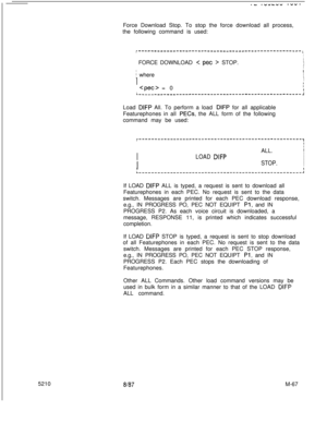 Page 641Force Download Stop. To stop the force download all process,
the following command is used:
5210r------_---_-----------------------------------------1I
IFORCE DOWNLOAD 
5 pet > STOP.I
I
I
[ whereI
I
II
II
;  
 = 0I
L-----___________---__-___---------------------------:Load 
DIFP All. To perform a load DIFP for all applicable
Featurephones in all 
PECs, the ALL form of the following
command may be used:
r----------------‘-----------------------------------,IIIIIIIALL.IIIILOAD DIFPI,ISTOP.I
I...