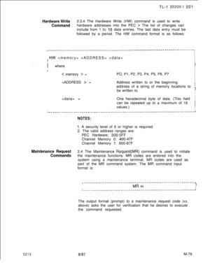 Page 653TL-I 30200-l 001
Hardware Write2.3.4 The Hardware Write (HW) command is used to write
Commandhardware addresses into the PEC > The list of changes can
include from 1 to 
16 data entries. The last data entry must be
followed by a period. The HW command format is as follows:
. . .
~-----------------------------------------------------------------------,IIIII  
l-j.W   I
II
IIII
IwhereI
I
II
II
I
< memory > =PO, PI, P2, P3, P4, P5, P6, P7IIIIII =Address written to or the beginningIIaddress of a string of...