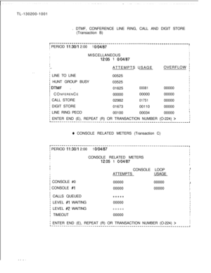 Page 670TL-130200-1001
. DTMF, CONFERENCE LINE RING, CALL AND DIGIT STORE
(Transaction B). .
r---------------------‘---‘----------’------------------------------,
; PERIOD 11:30/l 2:001 O/04/87II
I
I
IIMISCELLANEOUS
I
II
I
I12:05 1 O/04/87III
I, -:.ATTEMPTS USAGEIOVERFLOW i
; LINE TO LINE
I00525I1
I HUNT GROUP BUSY
03525I
;DTMF .
I01625
0008100000I
I
I CONFERENCE
000000000000000II
i CALL STORE
I02982
0175100000I
i DIGIT STORE
t016730011000000I
I
; LINE RING PECO
001000003400000i
II
: ENTER END (E), REPEAT (R) OR...
