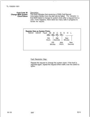Page 726TL-130200-1001Fault Code 36Description:
Change MDR SystemThis fault indicates that receiving a CRIB (Call Record
Clock FailureInformation Buffer) from the idle crib list failedThe indication isthat MDR failed to change its system clock after a request from a
user. If this happens, there were too many calls in progress to
handle the request.
M-l 50
Register Data as System Prints:CECO CECO Fault 36 B C D E H L
,xx,,xx,,xx,\xx/?