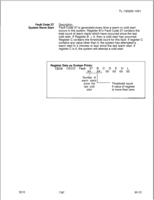 Page 727TL-130200-1001Fault’Code 37Description:
System Warm StartFault Code 37 is generated every time a warm or cold start
occurs in the system. Register B in Fault Code 37 contains the
total count of warm starts which have occurred since the last
cold start. If Register B= 0, then a cold start has occurred.
Register C contains the threshold count for this fault. If register C
contains any value other than 0, the system has attempted a
warm start in 4 minutes or less since the last warm start. If
register C is...