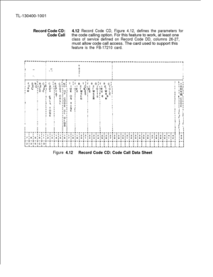 Page 74TL-130400-1001Record Code CD:
Code Call4.12 Record Code CD, Figure 4.12, defines the parameters forthe code calling option. For this feature to work, at least one
class of service defined on Record Code DD, columns 26-27,must allow code call access. The card used to support this
feature is the FB-17210 card.
r---------r-------------------------------I-r--------------_-___---------------I
III
ITII
III --x-i
I
I
I.( w
Ii
I -.I7I1I
I
I
II
I
III IIII
I! F SN:RC; C (R C:N: T ;T 0 TIT B 1311. B C;I 0 EOIE 01 0...