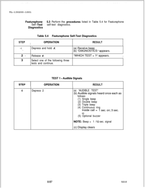 Page 738TL-130200-1001Featurephone5.3 Perform the procedures listed in Table 5.4 for Featurephone
Self 
-Testself-test diagnostics.
Diagnostics
Table 5.4Featurephone Self-Test Diagnostics
STEPIOPERATION
-1. .Depress and hold #.2 
-Release #.3
Select one of fhe following three
tests and continue.
RESULT(a) Receive beep
(b) “DIAGNOSTICS 
“ appears.
“WHICH TEST = 
?“ appears.I
TEST 1 - Audible Signals
OPERATION
RESULT
Depress 2(a) “AUDIBLE TEST“(b) Audible signals heard once each as
follows:
(1) Single beep
(2)...