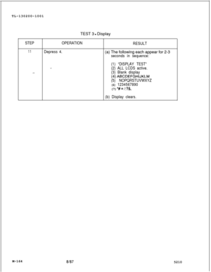 Page 740TEST 3 - Display
STEP
11
OPERATION
Depress 4.RESULT(a) The following each appear for 2-3
seconds in sequence:
.-..
(1) “DISPLAY TEST”
(2) ALL LCDS active.
(3) Blank display(4) 
ABCDEFGHIJKLM
(5) NOPQRSTUVWXYZ
(6) 1234567890
(7) *#=/:?&.
(b) Display clears.TL-130200-1001
M-164
81875210 