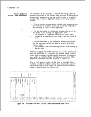 Page 80TL-130400-1001
Record Code AC:
Access Code Translation5.1 Record Code AC, Figure 5.1, defines the dialing plan and
access codes used by the system. Any digit can be assigned as
a single digit access code, the first digit of a two- or three-digit
access code or the first digit of the three- or four-digit station
number.
l Once a number is assigned as a single digit access code or
the first digit of a station number, it cannot be assigned as
the first digit of a two- or three-digit code.
l The last two...