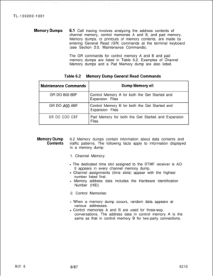 Page 792TL-130200-1001Memory Dumps6.1 Call tracing involves analyzing the address contents of
channel memory, control memories A and B, and pad memory.
Memory dumps, or printouts of memory contents, are made by
entering General Read (GR) commands at the terminal keyboard
(see Section 2.0, Maintenance Commands).
The GR commands for control memory A and B and pad
memory dumps are listed in Table 6.2. Examples of Channel
Memory dumps and a Pad Memory dump are also listed.
Table 6.2Memory Dump General Read Commands...