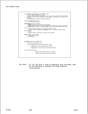 Page 812TL-130200-1001
M-236DDTLA, DDTLS . CODE TYPE AND CODE TYPE IDENTIFIER
THE CODE TYPE IS DEFINED IN FP-413622.
THE CODE 
lYPE IDENTIFIER REPRESENTS A DIGIT, A LINE, TRUNK, TURRET, OR TRUNK GROUP
NUMBER. IT MAY CONTAIN A INTERCEPT CODE NUMBER AS DEFINED IN FP-413846, OR IT IS
NOT USED.THIS INFORMATION IS DERIVED FROM DIGIT ANALYSIS
DDSNC . SENDER CONTROL FLAG
IDT = INTERDIGITAL TIME FLAG
DDDP7.SPEED CALLING STATE FIELD
0 =SPEED CALLING UPDATES ARE NOT IN PROGRESS! =GROUP SPEED CALLING LIST # OBTAINED READY...