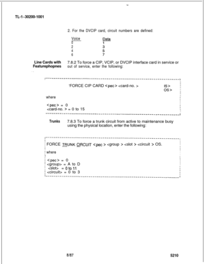 Page 832-
TL-1~30200-1001
2. For the DVCIP card, circuit numbers are defined:
Voice
0
2
4
6
Line Cards with
Featurephopnes7.8.2 To force a CIP, VCIP, or DVCIP interface card in service or
out of service, enter the following:
. .
r’-------------‘-----------------------------------------------------I1I‘FORCE CIP CARD 
 IS> /
OS> ;
whereI
I
I
 = 0I = 0 to 15I
I
I
‘-----“-----------------------------------------------------------------~
Trunks7.8.3 To force a trunk circuit from active to maintenance busy
using the...