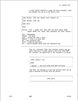 Page 8355210TL-130200-1001
If LOAD DEVICE SPECIFIC is typed, the device indicated is reset
and reloaded. Any call up on the device is lost.r-------------------‘------------------------------------------------~;  LOAD DEVICE- TYPE PEC GROUP SLOT CIRCUIT OPI
I;  or
I
II  LOAD DEVICE- TYPE ALL
I
II  or
I
I)  LOAD DATA
I
II
IIII  whereII1I/DEVICE TYPE =ADMP, DCP, SPM, APM, OR DATA (Option ADMP
I
II
I_ reloads ADMP only. Option Data reinitializes the entire network.) 
IIIIPEC = 
PECnumberI
IGROUP = file group
SLOT =...