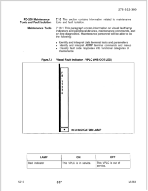 Page 839278-922-300PD-200 Maintenance7.10 This section contains information related to maintenance
Tools and Fault Isolationtools and fault isolation.
Maintenance Tools7.10.1 This paragraph covers information on visual fault/lamp
indicators and peripheral devices, maintenance commands, and
on-line diagnostics. Maintenance personnel will be able to do
the following:
. .l Identify and interpret data terminal tests and parameters
l Identify and interpret ADMP terminal commands and menus
l Classify fault code...