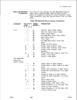 Page 861TL-130200-1001
FADS, CAS Main/ACD8.2.2 Once the user accesses the CAS Main/A0 Supervisor
TransactionsOptions Menu (transaction 
83), additional menus and sub-menus are available by entering the correct transaction number.
These transactions, along with required Security Level, are listed
below.
FADS, CAS 
Main/ACB Recent Change Transactions
CATEGORYSECURITY 
TRANS-TRANSACTION.~.LEVELACTION #
FADS
- - -1
.- -1-
- -1_
- -1-
- -1-
- -1-
- _ -1
- -1-
-2- --
-2- __
45 -
-2- --
- -2-
_ - -2
CAS...