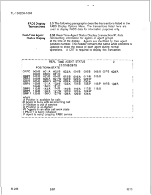 Page 864- -TL-130200-1001
FADS Display8.5 The following paragraphs describe transactions listed in the
TransactionsFADS Display Options Menu. The transactions listed here are
used to display FADS data for information purposes only.
Real-Time Agent
Status Display8.51 Real-Time Agent Status Display (transaction 91) lists
call-handling information for agents in agent groups
at the time of the display.
Agents are identified by their agentposition number. The header remains the same while contents is
updated to show...