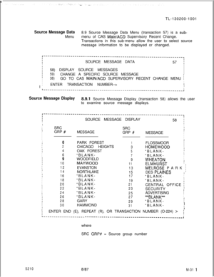 Page 887 rTL-130200-1001Source Message DataMenu8.9 Source Message Data Menu (transaction 57) is a sub-menu of CAS 
Main/ACD Supervisory Recent Change.
Transactions in this sub-menu allow the user to select source
message information to be displayed or changed.
r-------------------------------------------------------------------~IIIISOURCE MESSAGE DATAI57 I
iI58) DISPLAY SOURCE MESSAGESI
II
I59)CHANGE A SPECIFIC SOURCE MESSAGEI
I
I38)IGO TO CAS MAIN/ACD SUPERVISORY RECENT CHANGE MENU i
IENTER TRANSACTION...