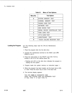 Page 914-TL-130200-1001
Table 9.1Menu of Test Options
Menu No.Test Option
0SYSTEM MEMORY TEST
1CHANNEL MEMORY TEST
2PAGING CARD TEST
3NETWORK TEST
4DISK DEVICE TEST
5SERIAL DEVICE CONTROLLER TEST
ITONE CARD TEST1 ATT12 CARD TEST
I
8ILINES/TRUNKS TEST1 TOUCH CALLING RECEIVER TEST1
Loading the Program9.3 The following steps load the Off-Line Maintenance
Program:
1. Place the program disk into the disk drive.
2. Connect the maintenance terminal to the NSDC card 
(FB-20992-A), port 0.
3. Press the reset button on...