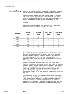 Page 916TL-130200-1001Automatic Testing9.5 After all manual tests are completed, the program changes
over to automatic testing with test results displayed as before.
Automatic testing repeats tests one and two under CPU control
with a one-second delay between write and read. Test three
writes all possible data patterns into each address location with
data in the adjacent address location incremented by one.
Example:
. .If address A000 contained a data pattern of “01 “, successive
address locations in test three...