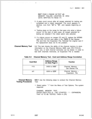 Page 9215210l-L-1 30200-l 001
INST PAGE 0 RANGE 01 TEST #3MEMORY FAILURE LOCATION IS: 5FE0
DATA: WRITTEN FO READ 
Fl3. A pass count occurs after all ranges selected for testing are
*completed and a retest requested. The count appears in
decimal, runs from 
“00” to “99”, and repeats beginning at
” 00.”
4. Testing stops on the range for that pass only when a failure
occurs. At the start of each pass, all ranges selected for
testing are retested if the retest option was selected.
5. If a failure occurs on ranges CO...