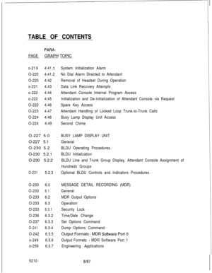 Page 13TABLE OF CONTENTS
PARA-
PAGEGRAPH TOPIC
o-21 94.41 .l
O-2204.41.2
O-2204.42
o-2214.43
o-2224.44
o-2224.45
O-2224.46
O-2234.47
O-2244.48
O-2244.49O-227 5.0
O-227 5.1
O-230 5.2
O-230 5.2.1
O-230 5.2.2
O-2315.2.3
O-2336.0
O-233
6.1
O-2336.2
O-2336.3
O-233
6.3.1
O-2366.3.2
O-2376.3.3
O-2416.3.4
O-2426.3.5
o-2496.3.6
o-2596.3.7
5210System Initialization Alarm
No Dial Alarm Directed to Attendant
Removal of Headset During Operation
Data Link Recovery Attempts
Attendant Console Internal Program Access...