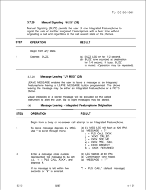 Page 125TL-130100-10013.7.29Manual Signaling “BUZZ” (39)Manual Signaling (BUZZ) permits the user of one Integrated Featurephone to
signal the user of another lntegrated Featurephone with a buzz tone without
originating a call and regardless of the call related state of the phones.
STEPOPERATIONRESULTBegin from any state.
1Depress BUZZ.(a) BUZZ LED on for l/2 second.
(b) BUZZ tone sounded at destination
for 
l/4 second. If busy, BUZZ
is muted. (Operation may be repeated).
3.7.30
Message Leaving “LV MSG” (25)LEAVE...