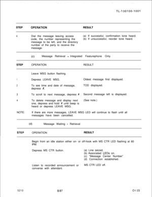 Page 127STEPOPERATlONRESULT
4Dial the message leaving access(a) If successful, confirmation tone heard.
code, the number representing the(b) If unsuccessful, reorder tone heard.
message to be left, and the directory
number of the party to receive the
message.
(c)Message Retrieval -Integrated Featurephone Only
STEPOPERATIONRESULT
1Leave MSG button flashing.
Depress LEAVE MSG.Oldest message first displayed.
2To see time and date of message,
depress 
#.TOD displayed.
3To scroll to next message, depress #.Second...