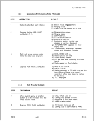 Page 167TL-130100-1001
4.9.3Extension of Information Calls (Option 2)
STEPOPERATIONRESULT
1Station-to-attendant call initiated.(a) Station hears ringback tone.
(b) Ringing heard.
(c) LOOP LED (l-4) flashes at 30 IPM.
2Depress flashing LED LOOP(a) Ringback tone stops.
pushbutton (1-4).(b) Ringing stops.
(c) LOOP LED on.
(d) START/STOP LED on.
(e) POS RLSE LED on.
(f) Originating station number and
classes of service displayed.
(g) “INFORMATION” appears in fixed
display field.
(h) Transmission established between...