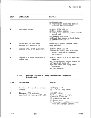 Page 169TL-130100-1001STEPOPERATIONRESULT
3Dial station number
4
5
6(e) Ringing stops.
(f) Transmission established between
trunk and Attendant Console.
(a) EXCL SRCE LED on.
(b) Fixed display cleared.
(c) Calling party placed on hold in 
exclude-source state.
(d) 
Ringback tone heard.
(e) Dialed digits appear on fixed display.
(f) START/STOP LED off.
Remain with call until station
answers, and announce call.
Depress EXCL SRCE pushbutton.Conversation private (two-way calling
party excluded).
(a) EXCL SRCE LED...