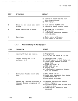 Page 181TL-130100-1001
STEPOPERATIONRESULT5
6(e) Camped-on station does not hear
burst of camp-on tone.
(f) TOD displayed.
Before time out occurs, place station(a) Trunk receives ringback tone.
on-hook.(b) Camped-on station receives ringing.
Answer camp-on call at station.(a) 
Ringback tone to trunk stops.
(b) Ringing stops.
(c) Transmission established between
trunk and station.
7Go on-hook.(a) Station returns to idle state.
(b) Trunk returns to idle state.
4.13.3Attendant Camp-On Not Equipped...