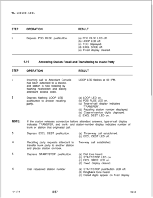 Page 182TL-130100-1001STEPOPERATIONRESULT
5Depress POS RLSE pushbutton.(a) POS RLSE LED off.
(b) LOOP LED off.
(c) TOD displayed.
(d) EXCL SRCE off.
(e) Fixed display cleared.
4.14
Answering Station Recall and Transferring to Inside Party
STEPOPERATIONRESULT
1Incoming call to Attendant Console
has been extended to a station,
and station is now recalling by
flashing hookswitch and dialing
attendant access code.
2Depress flashing LOOP LED
pushbutton to answer recalling
party.
NOTE:If the station releases...