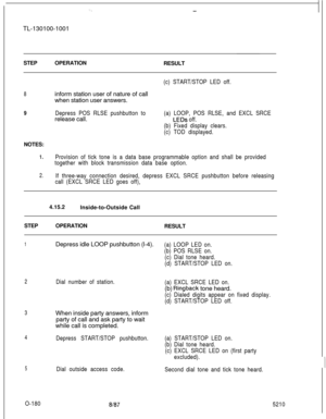 Page 184‘.- -TL-130100-1001
STEPOPERATION
RESULT
(c) START/STOP LED off.
8inform station user of nature of call
when station user answers.
9Depress POS RLSE pushbutton torelease call.(a) LOOP, POS RLSE, and EXCL SRCE
LEDs off.
(b) Fixed display clears.
(c) TOD displayed.NOTES:
1.Provision of tick tone is a data base programmable option and shall be provided
together with block transmission data base option.
2.If three-way connection desired, depress EXCL SRCE pushbutton before releasing
call (EXCL SRCE LED goes...