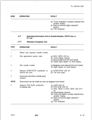 Page 191TL-130100-1001OPERATIONRESULT(e) Trunk andstation numbers cleared from
variable display.(f) Class-of-service digits cleared if
present.
(g) TOD displayed.
4.17Extending Information Call on Outside Number, WATS Line, or
FX Line
4.17.1
Attendant Completes Call
STEPOPERATIONRESULT
1Station user requests outside number.
2Dial appropriate access code.(a) EXCL SRCE LED on.
(b) Fixed display cleared.(c) Second dial and tick tone heard.
(d) Dialed digits appear on fixed display.
3Dial outside number.(a) Ringback...