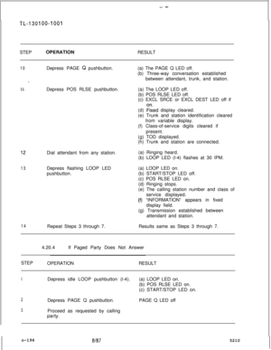 Page 196--
TL-130100-1001STEP
OPERATlONRESULT
10Depress PAGE Q pushbutton.(a) The PAGE Q LED off.
(b) Three-way conversation established
,between attendant, trunk, and station.
11Depress POS RLSE pushbutton.(a) The LOOP LED off.
(b) POS RLSE LED off.
(c) EXCL SRCE or EXCL DEST LED off if
(d) 
Fked display cleared.
(e) Trunk and station identification cleared
from variable display.
(f) Class-of-service digits cleared if
present.
(g) TOD displayed.
(h) Trunk and station are connected.
42Dial attendant from any...