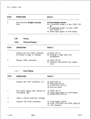 Page 200TL-I 30100-l 001
OPERATIONRESULTDial conference bridge 2 access
code.
(a) Fixed display cleared.(b) If conference bridge 2 is idle, CONF LED
(c) 
i:onference bridge 2 is busy, CONF
LED remains on.
(d) Dialed digits appear on fixed display.
4.20
4.20.1
Paging
Universal Paging
OPERATION
RESULT
1Depress and hold PAGE pushbutton
for duration of page or message.(a) PAGE LED on.
(b) Message or page heard over
loudspeakers.
2Release PAGE pushbutton.(a) PAGE LED off.
(b) Attendant disconnected from paging...