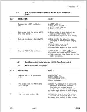 Page 213TL-130100-10014.31Most Economical Route Selection (MERS) Active Time Zone
DisplaySTEP
OPERATIONRESULT
1Depress idle LOOP pushbutton
(l-4).
2Dial access code for active MERS
time zone display.
3Dial end-time-display digit (digit I).4Depress POS RLSE pushbutton.(a) LOOP LED on.
(b) POS RLSE LED on.
(c) START/STOP LED on.
(d) Dial tone heard.
(a) Zone number in use displayed 
in-calling number display field.
(b) Dialed digits appear on fixed display.
(a) End time for the active time zone
displayed in...