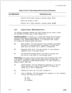 Page 253TL-130100-1001Table 6.3 Port 0 Time-Change Record Format (Continued)
COLUMN RANGE
INTERPRETATlON-Columns 37-38 contain minutes in decimal (range: 00-59).
-Column 39 contains a colon.
-Columns 40-41 contain seconds in decimal (range: 
00-59).
5210
6.3.6Output Formats - MDR Software Port 1The following paragraphs describe the output formats that are used to record
call information for MDR output to MDR software Port 1.
Call-Record Block. A maximum of 11 entries (call records and time change
records) of MDR...