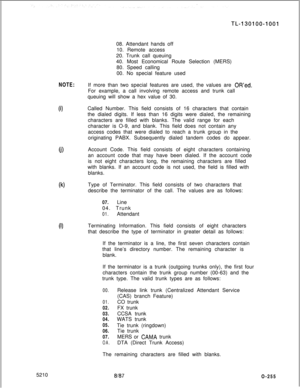 Page 259TL-130100-100108. Attendant hands off
10. Remote access
20. Trunk call queuing
40. Most Economical Route Selection (MERS)
80. Speed calling
00. No special feature used
NOTE:If more than two special features are used, the values are OR’ed.For example, a call involving remote access and trunk call
queuing will show a hex value of 30.
0)Called Number. This field consists of 16 characters that contain
the dialed digits. If less than 16 digits were dialed, the remaining
characters are filled with blanks. The...