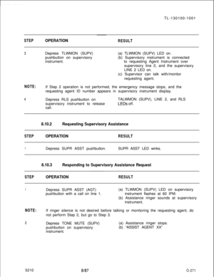 Page 275TL-130100-1001STEPOPERATIONRESULT
3Depress TLWMON (SUPV)
pushbutton on supervisory
instrument.(a) TLWMON (SUPV) LED on.
(b) Supervisory instrument is connected
to requesting Agent Instrument over
supervisory line 2, and the supervisory
LINE 2 LED on.
(c) Supervisor can talk with/monitor
requesting agent.
NOTE:If Step 2 operation is not performed, the emergency message stops, and the
requesting agent ID number appears in supervisory instrument display.
4Depress RLS pushbutton on
supervisory instrument to...