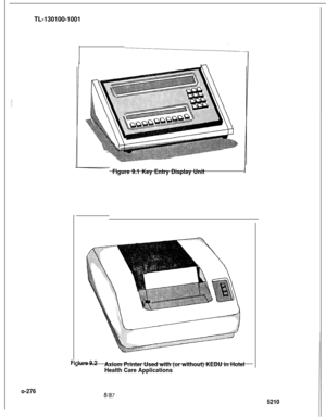 Page 280TL-130100-1001c
o-276Figure 9.1 Key Entry Display Unit
lure 9.2
Axiom Printer Used with (or without) KEDU in Hotel
Health Care Applications8187
5210 