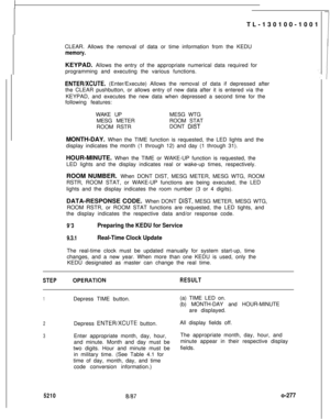 Page 281TL-130100-1001
CLEAR. Allows the removal of data or time information from the KEDUmemory.KEYPAD. Allows the entry of the appropriate numerical data required for
programming and executing the various functions.
ENTER/XCUTE. (Enter/Execute) Allows the removal of data if depressed after
the CLEAR pushbutton, or allows entry of new data after it is entered via the
KEYPAD, and executes the new data when depressed a second time for the
following features:
WAKE UP
MESG METER
ROOM RSTRMESG WTG
ROOM STAT
DONT...