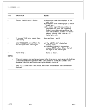 Page 282TL-130100-1001
STEPOPERATION
RESULT4Depress ENTERXCUTE button.
5
6
7NOTES:
1.
2.(a) Response code field displays “A” for
valid entry.(b) Response code field displays “2” for an
invalid entry.(c) If a printer is provided, a print-out is
generated that gives the transactioncode, the previous date and time, the
new date and time, and the new device
identity number. See Table 9.1 for
typical print-outs.
To change YEAR only, repeat Steps
1 and 2 only.Same as Steps 1 and 2.
Enter OOOOOOXX, where XX are the...